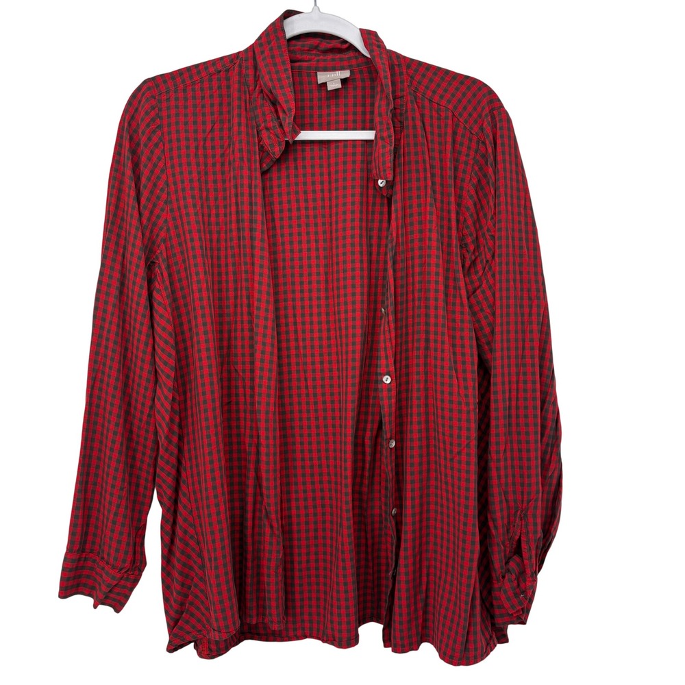 J. Jill Red Black Gingham Plaid Button Down Rayon Shirt Womens Large L 4624